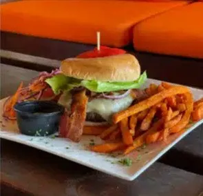 Angus cheeseburger with sweet potato fries